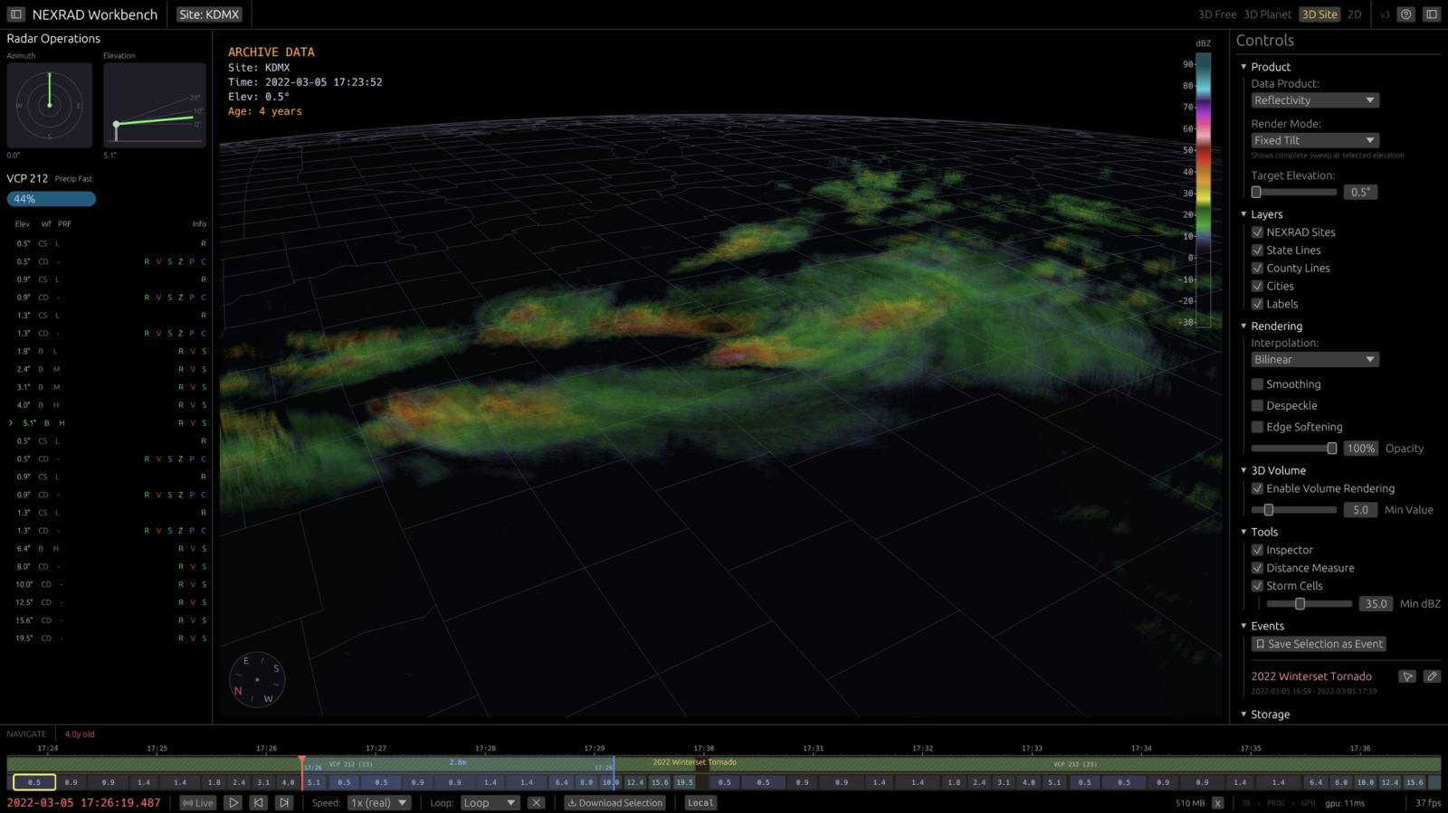 NEXRAD Workbench 3D globe view with volumetric rendering